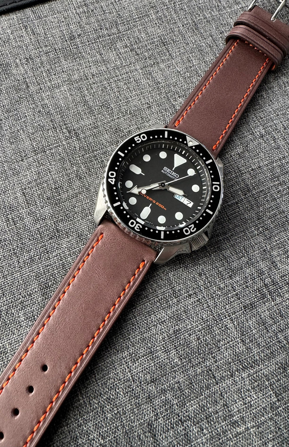 Thumbnail: Superior top grain Italian leather watch strap / Grey Brown Orange Stitch