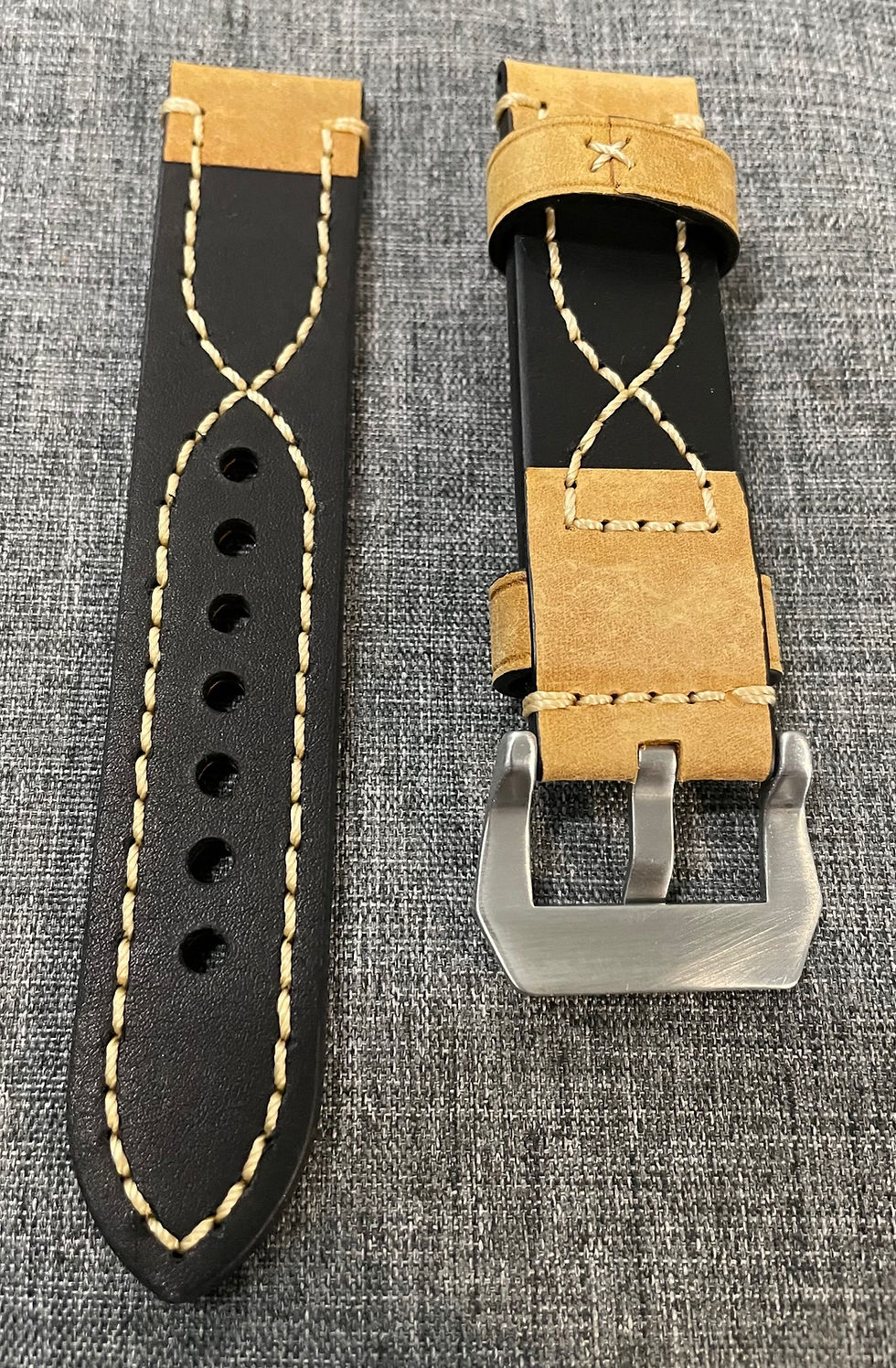 Thumbnail: Oiled Italian Leather – Infinity stitched leather watch strap - Khaki Yellow