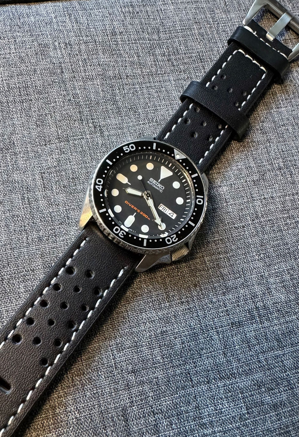 Thumbnail: Quality leather rally style watch strap / Black White stitch / Steel 20/22mm