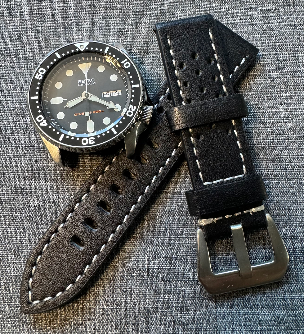 Thumbnail: Quality leather rally style watch strap / Black White stitch / Steel 20/22mm