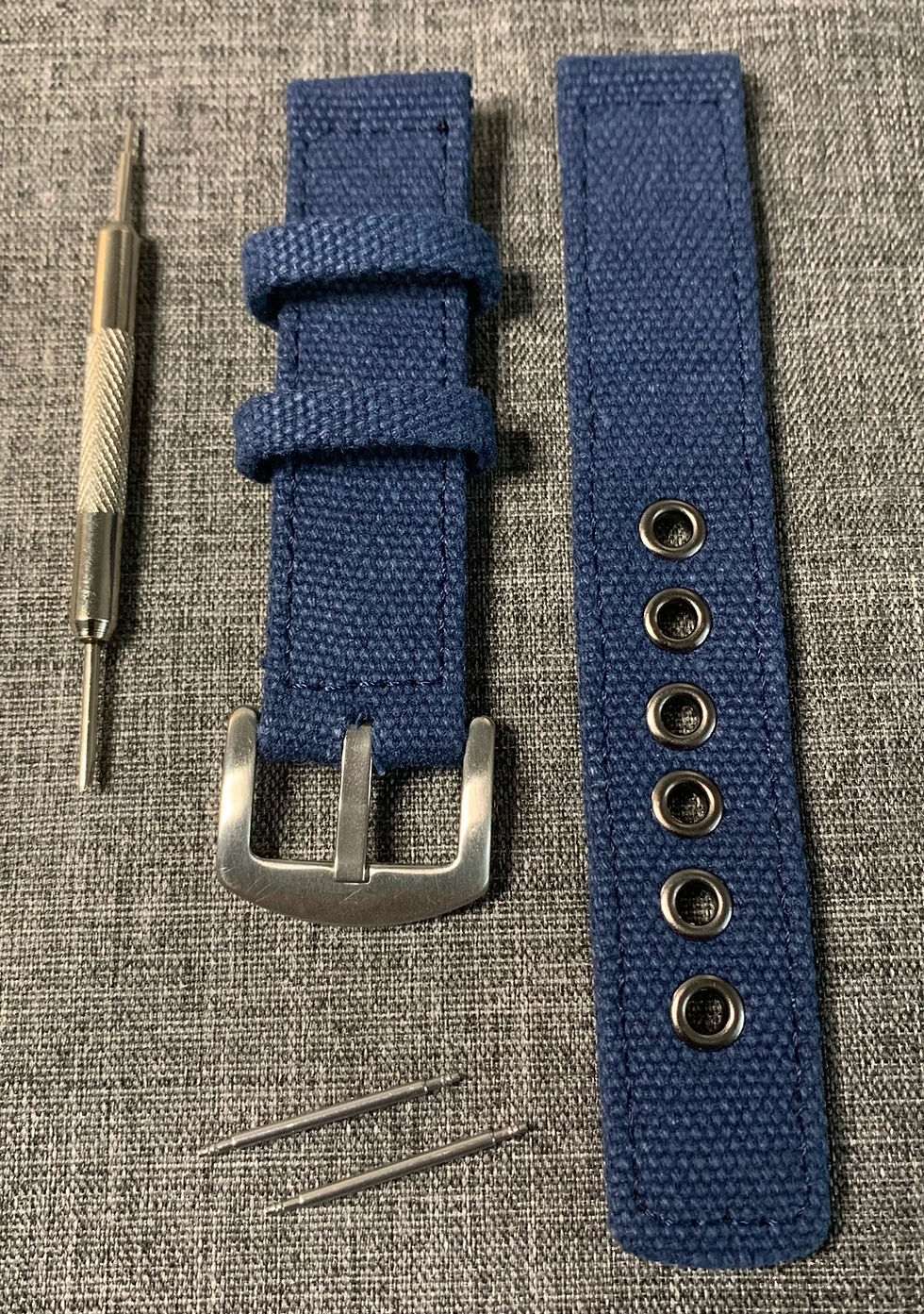 Thumbnail: Canvas stitched watch strap / Navy Blue / 316 Stainless steel 20mm