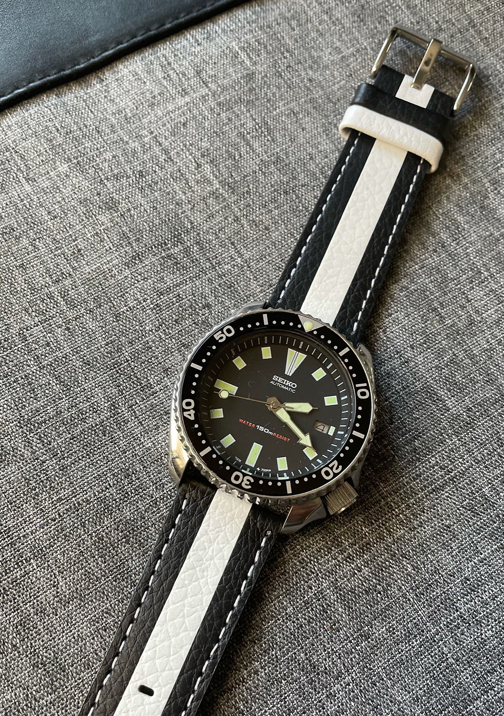 Thumbnail: Top Grain Quality Leather / Rally Style Watch Strap / Black White Stripe