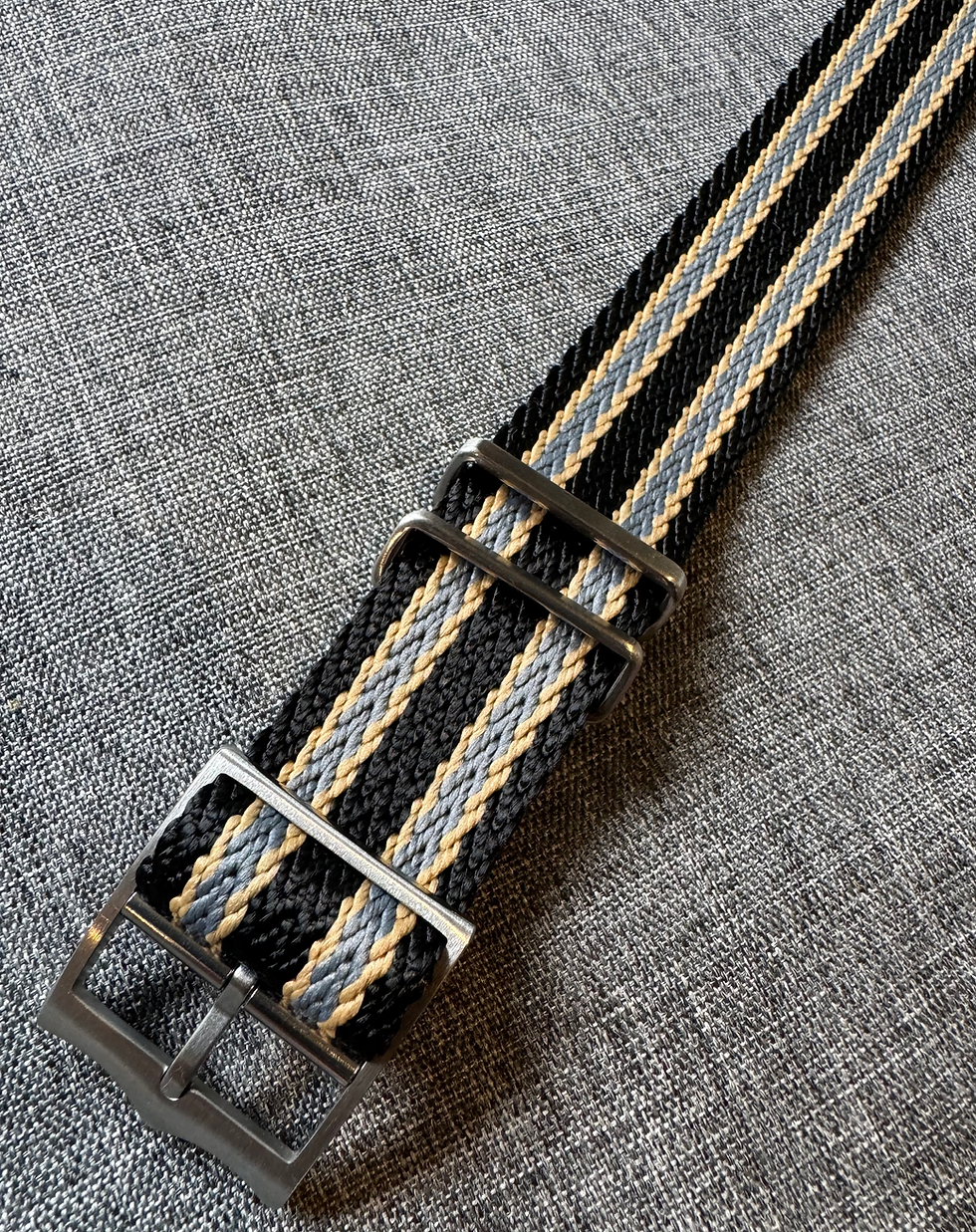 Thumbnail: Premium Single Pass Nylon Strap / NTTD Black, Grey, Sand Stripe / Crown Buckle
