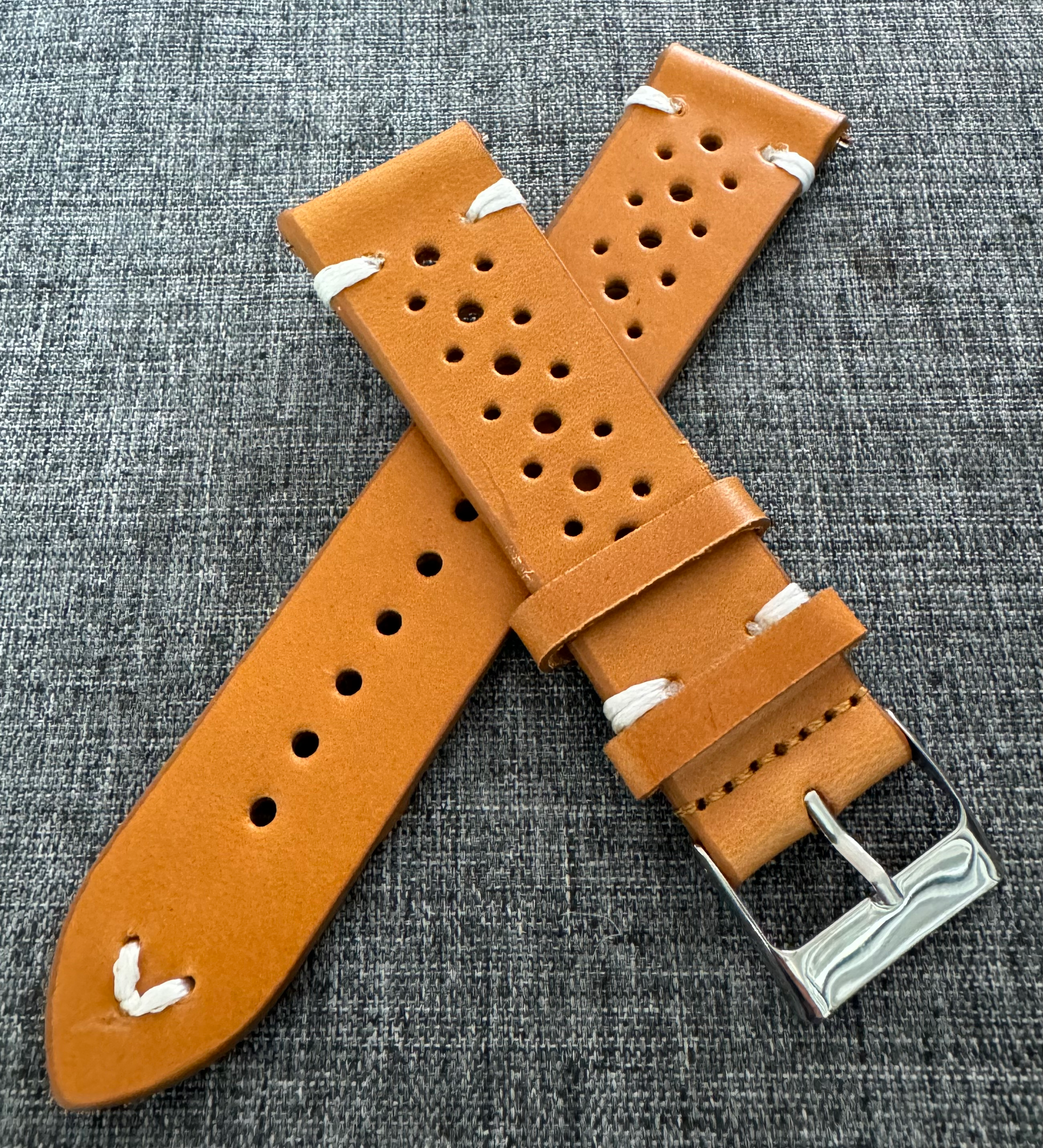 Quality Genuine Leather / Rally Design Watch Strap / Light Brown