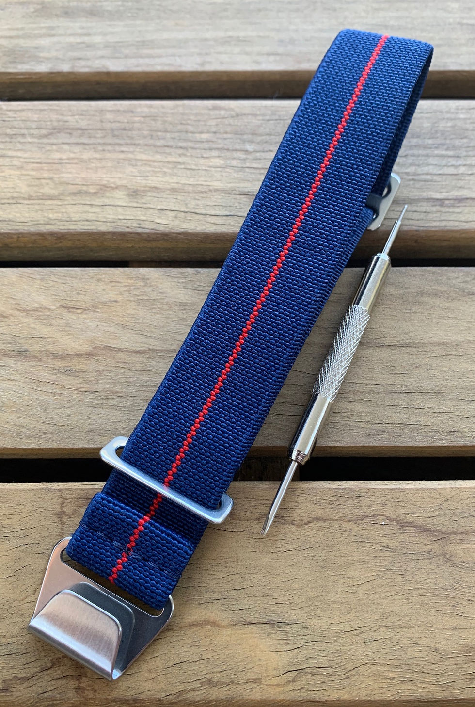 Thumbnail: Marine Nationale (MN) Nylon Strap - Blue / Red Stripe - Stainless St
