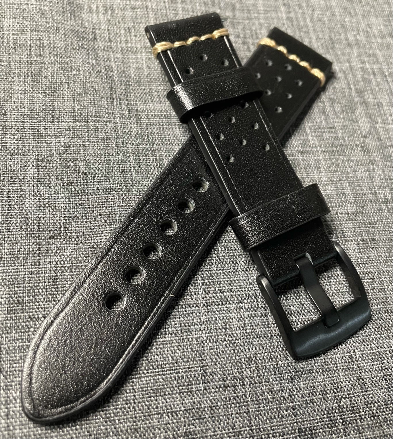 Quality leather rally style watch strap / Black / Beige stitch