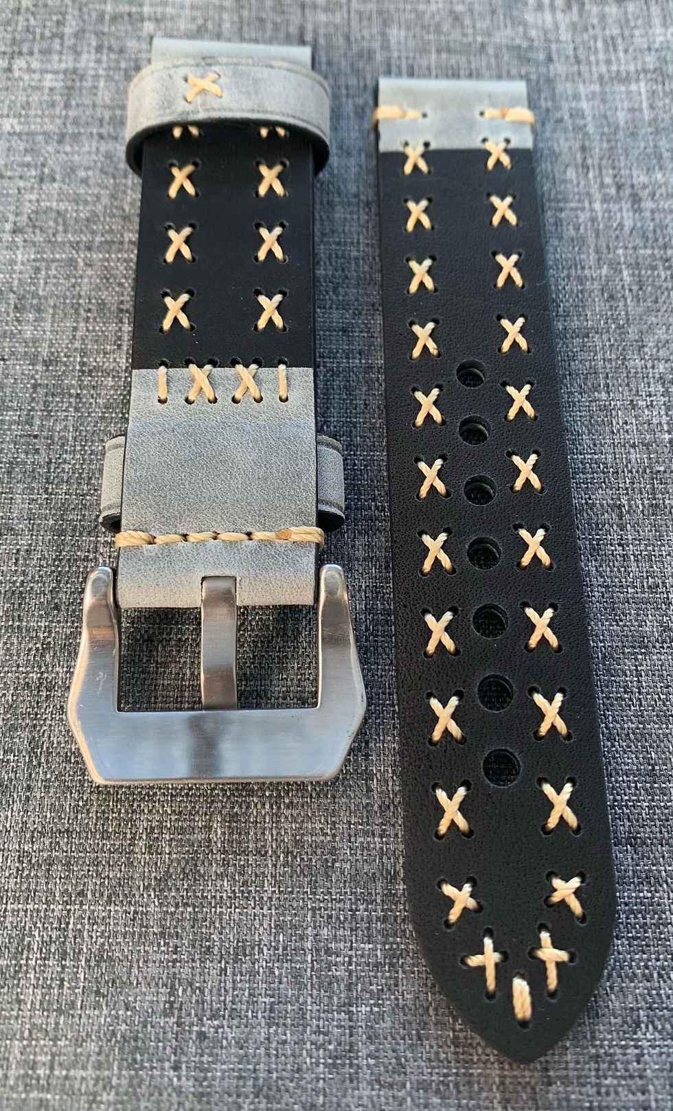 Thumbnail: Oiled Italian Leather – X Stitch / Premium stitched leather watch strap - Grey