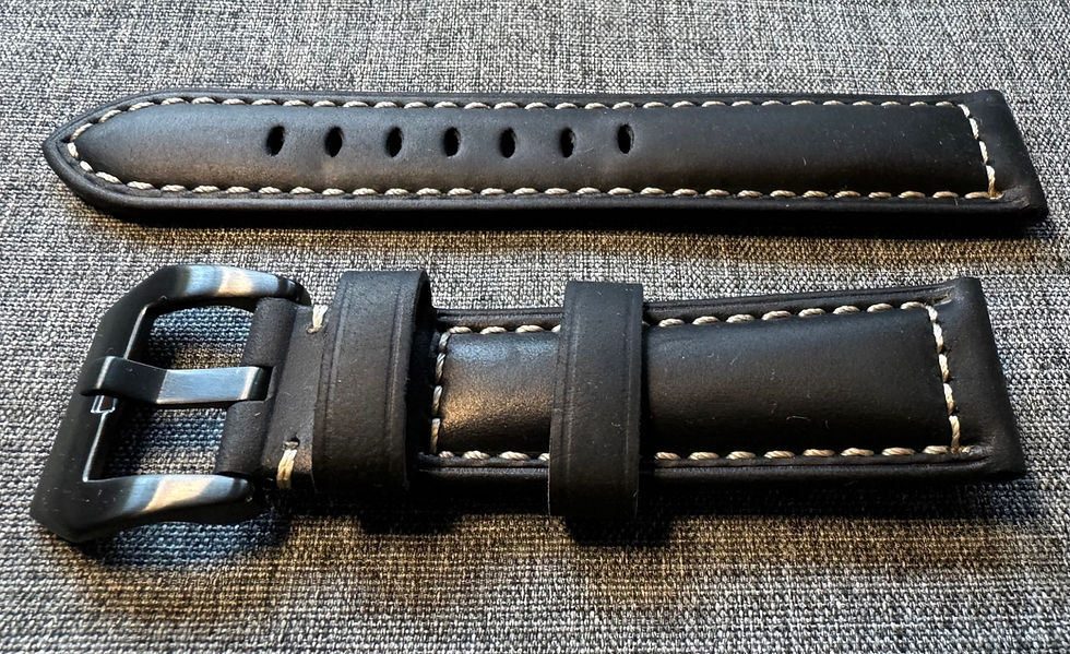 Thumbnail: Full Grain Vegetable Tanned Leather Watch Strap / PVD Steel / Black / 20mm/22mm