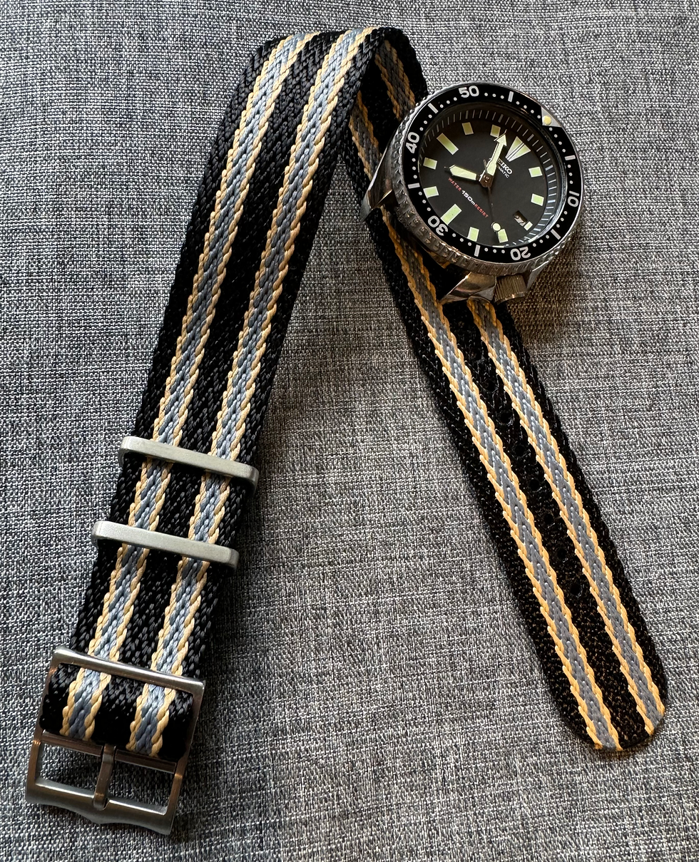 Thumbnail: Premium Single Pass Nylon Strap / NTTD Black, Grey, Sand Stripe / Crown Buckle