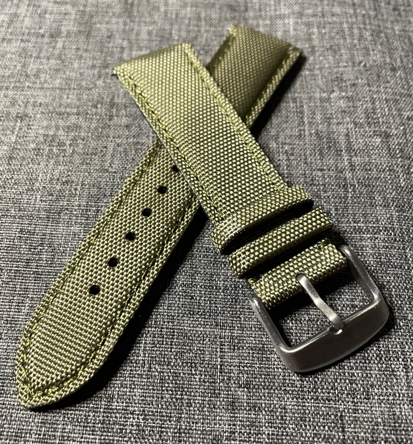 Military Green Sailcloth Leather stitched watch strap / Quick Release