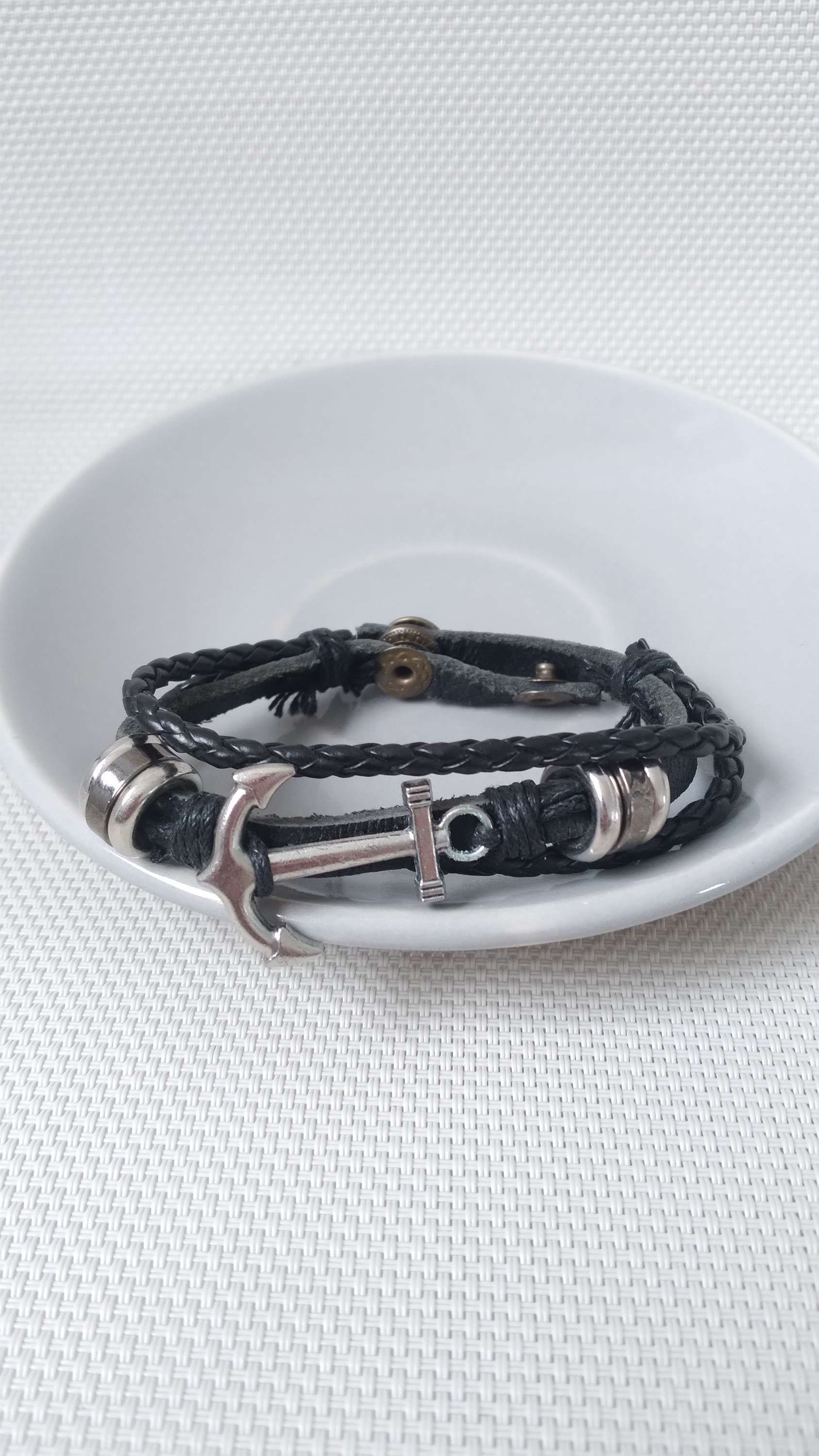 Pulseira Masculina De Couro Com Âncora De Metal Vintage