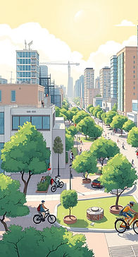 Modern, sunny city with a mix of low and medium rise, include many bicycles, pedestrians,