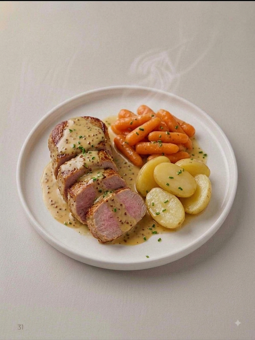 31/08 : Filet mignon à la moutarde - Carottes Vichy et Pommes de Terre fondantes