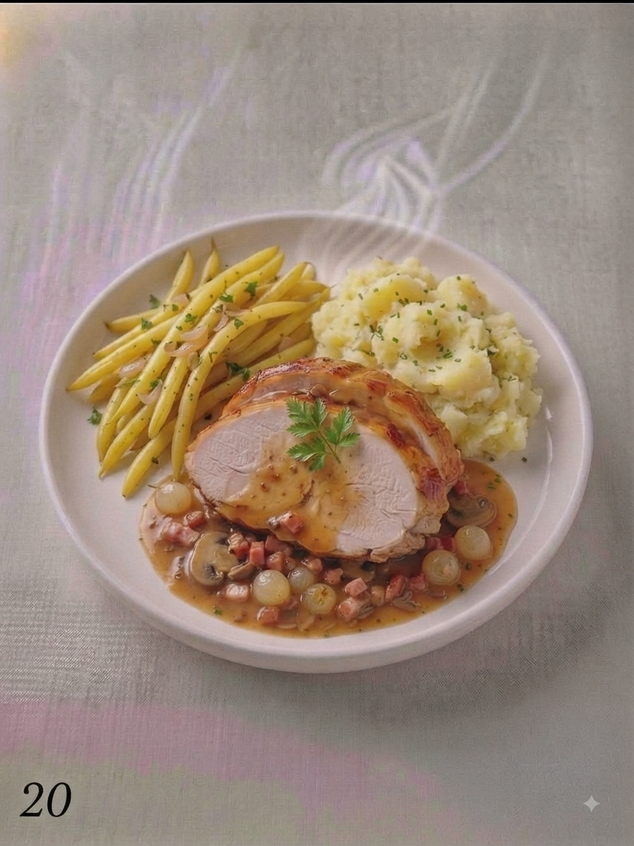 20/09 : Rôti de dinde sauce grand-mère - Haricots beurre et écrasée de pommes de