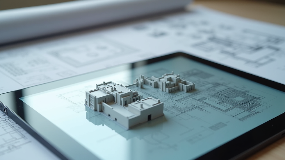 Close-up view of architectural blueprints and a digital tablet showing 3D building models