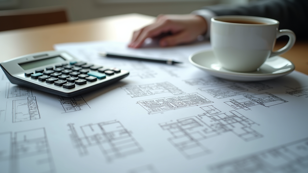 High angle view of a calculator, architectural plans, and a coffee cup on a desk