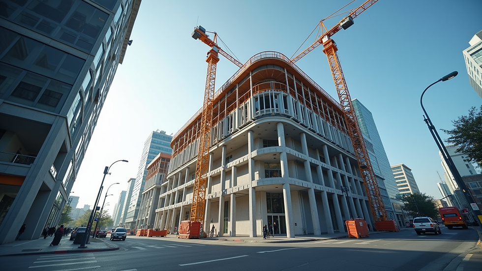 Eye-level view of a modern commercial building under construction