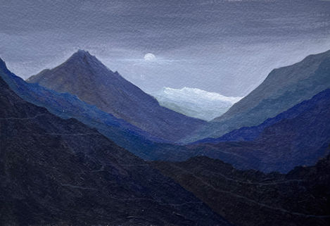 Acrylic and mixed media paintings capturing velvet dusks, starlit skies, and moonlit peaks. Blending abstraction with natural elements, the works evoke solitude, wonder, and spiritual calm, while highlighting the interplay of light, color, and texture to transform the echoes of Himalayan nights.