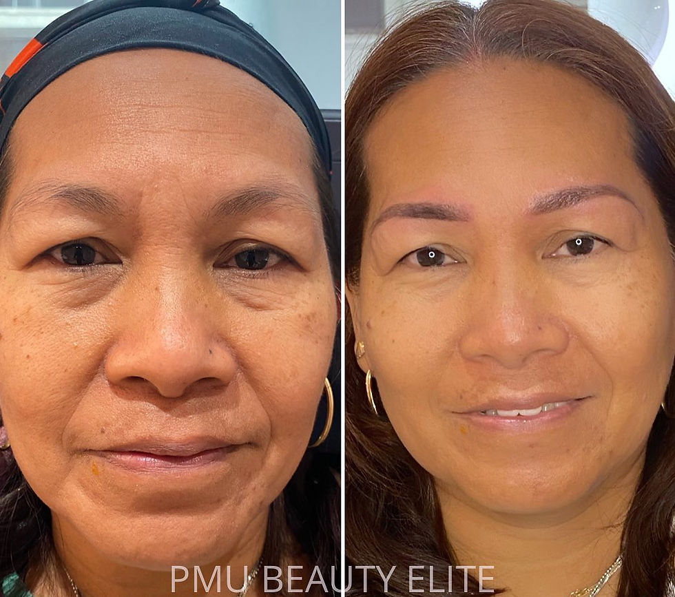 Before and after image of a woman's face showing eyebrow enhancement results. She appears more confident and satisfied. Text: PMU Beauty Elite.