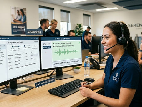 Admissions coordinator at an addiction treatment center receiving an AI voice agent call handoff with CRM caller details displayed on screen.