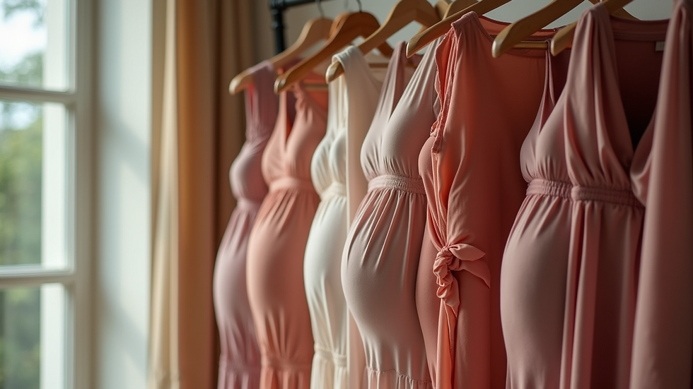Eye-level view of a selection of stylish pregnancy dresses