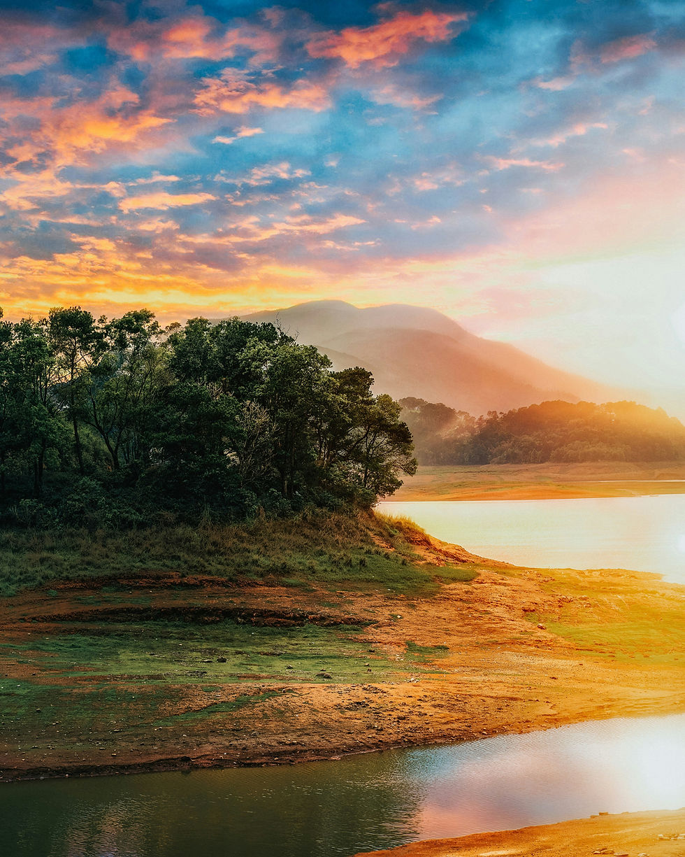 Beautiful and calming painting of river side, mountains and trees