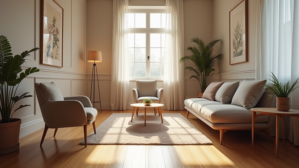 Eye-level view of a serene coaching space with comfortable seating
