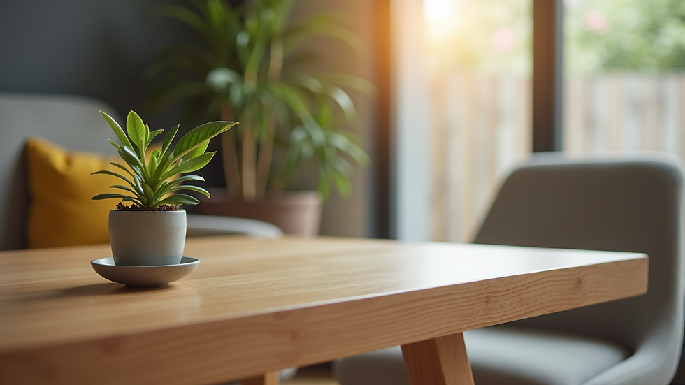Close-up view of a wooden table with a small plant on top in a furniture exchange setting