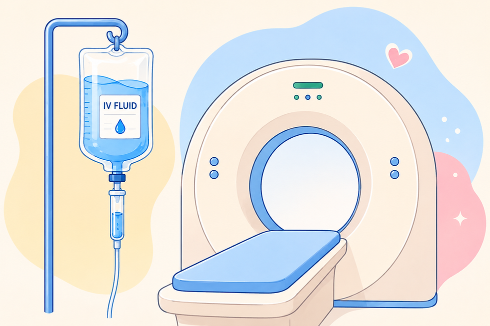 An IV bottle next to a CT Scan machine in calm blue and beige pastel colors. It is a pleasant medical image for Lutetium Therapy and PSMA PET Scan