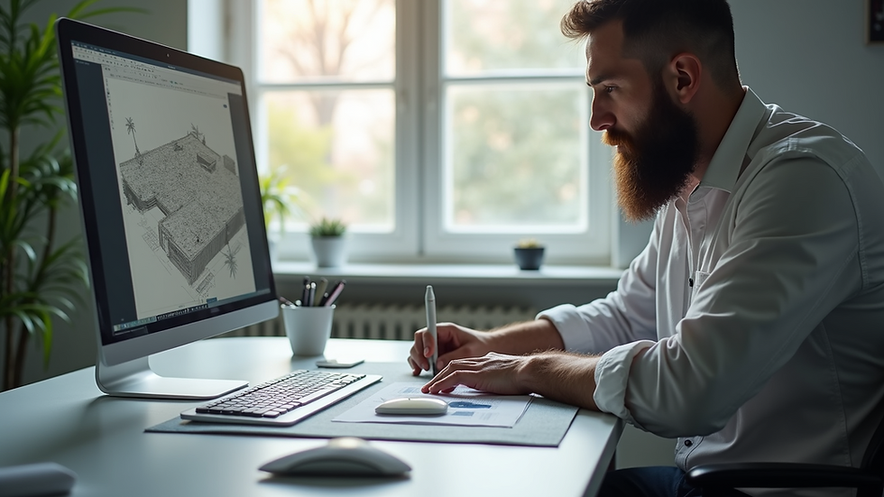 Eye-level view of a designer working on a 3D architectural model on a computer