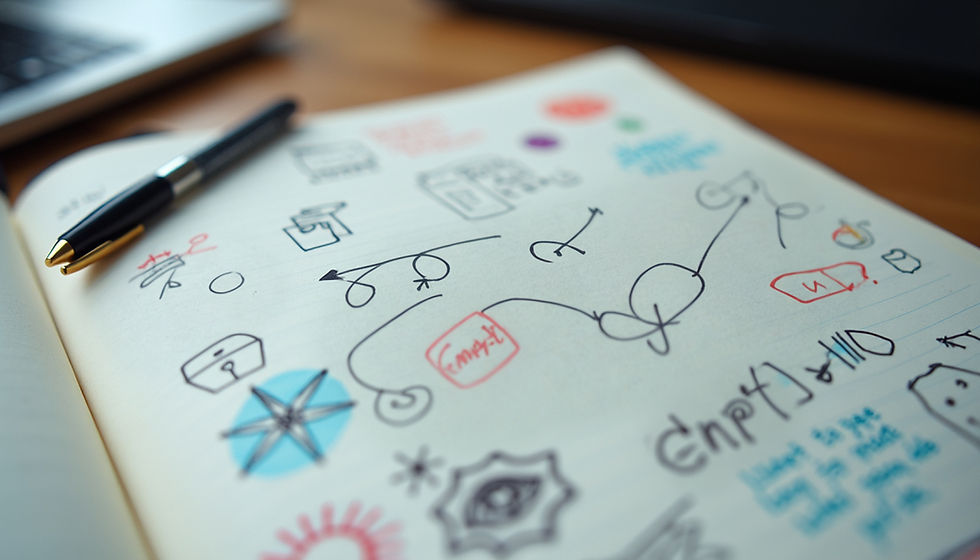 Close-up view of a colorful bullet journal with handwritten notes and doodles