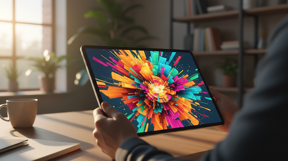 Close-up view of a tablet displaying a colorful digital art piece