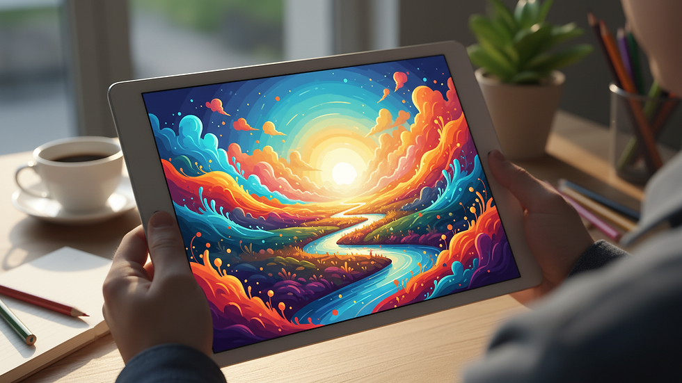 Close-up view of a digital tablet displaying a colorful digital art design