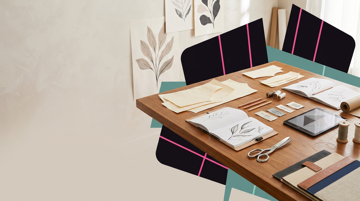 An organized creative studio table with pattern swatches, planner pages, pink accents, and teal details