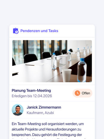 Verwalten Sie alle Aufgaben für Ihr Team zentral und behalten Sie den Überblick. Ihre Mitarbeiter erhalten klare To-Dos direkt auf ihrem Smartphone und können erledigte Aufgaben schnell und einfach mit oder ohne Kommentar abschliessen.
✅ Keine losen oder verteilte Listen mehr
✅ Alle Aufgaben direkt auf dem Handy Ihrer Mitarbeiter
✅ Aufgaben effizient erledigen
✅ Einfach Feedback- und Statusänderungen erhalten
