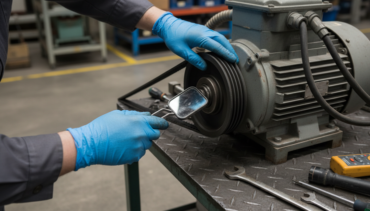Close-up view of a maintenance technician inspecting a motor on a stopped production machine