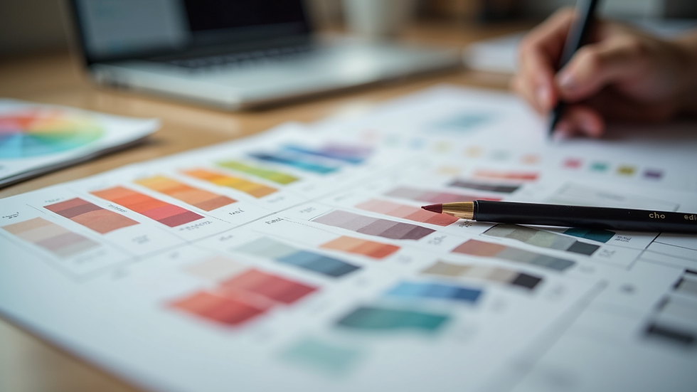 Close-up view of a designer’s workspace with colour swatches and document layouts