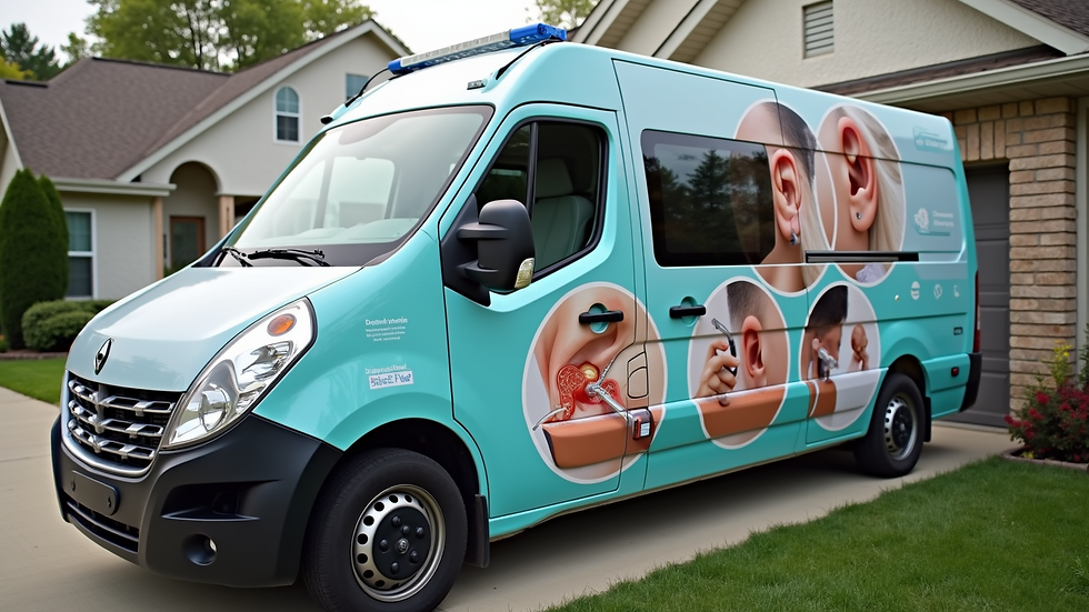 Eye-level view of a mobile ear cleaning service van parked outside a residential home