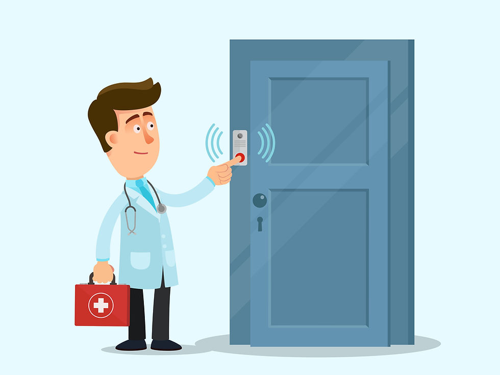 Home visit photo — clinician with portable kit at a doorstep/living room setup