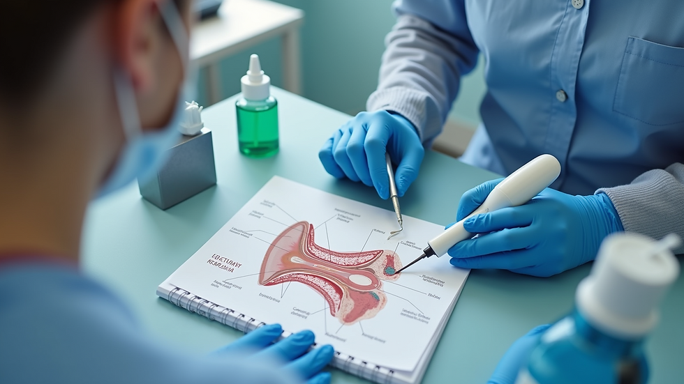 High angle view of a healthcare professional preparing microsuction equipment