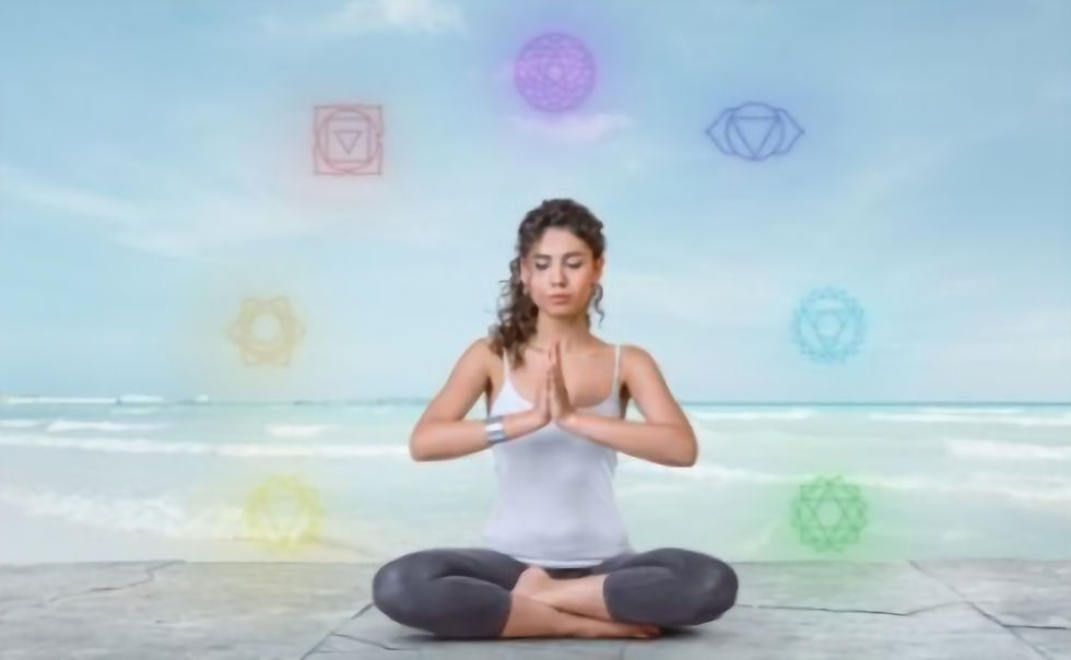 Woman meditating with chakra symbols around her