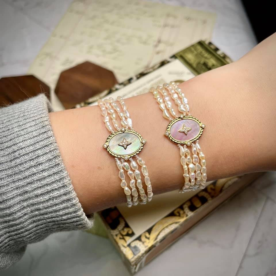 縮圖：18K 巴洛克珍珠蝶貝星芒手鍊