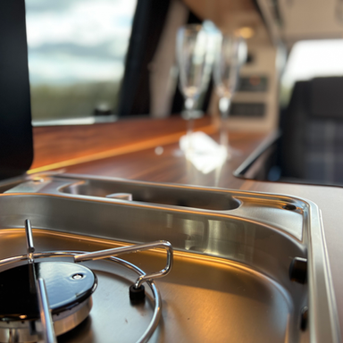 Interior shot of campervan cooking facilities