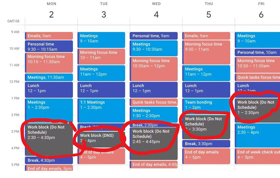 Digital calendar that is packed with meetings and has work block time incorporated