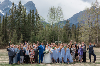 bride and groom posing with bridal party, family and friends