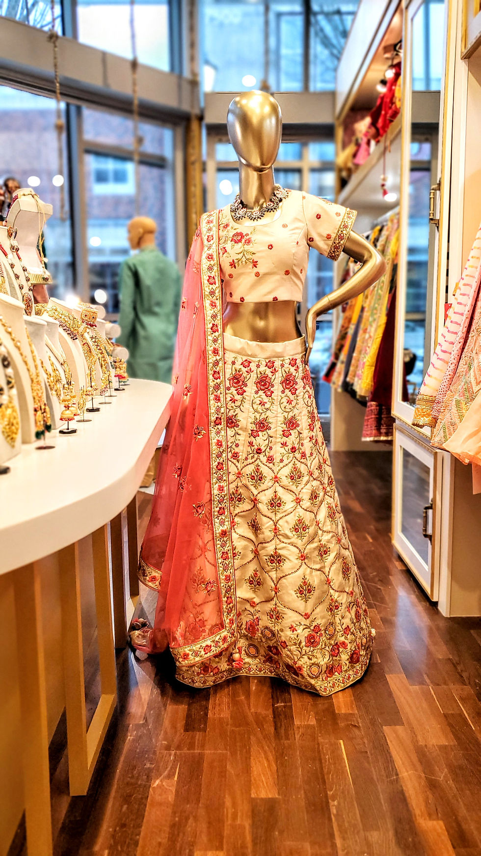 Thumbnail: Beautiful ivory lehenga choli set with floral embroidery 