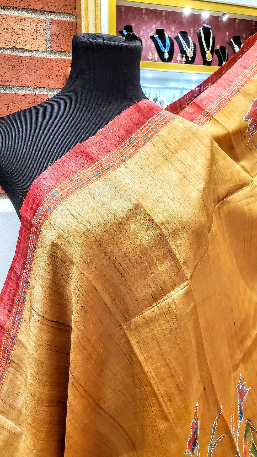 Thumbnail: Hand embroidered tussar silk kantha saree 