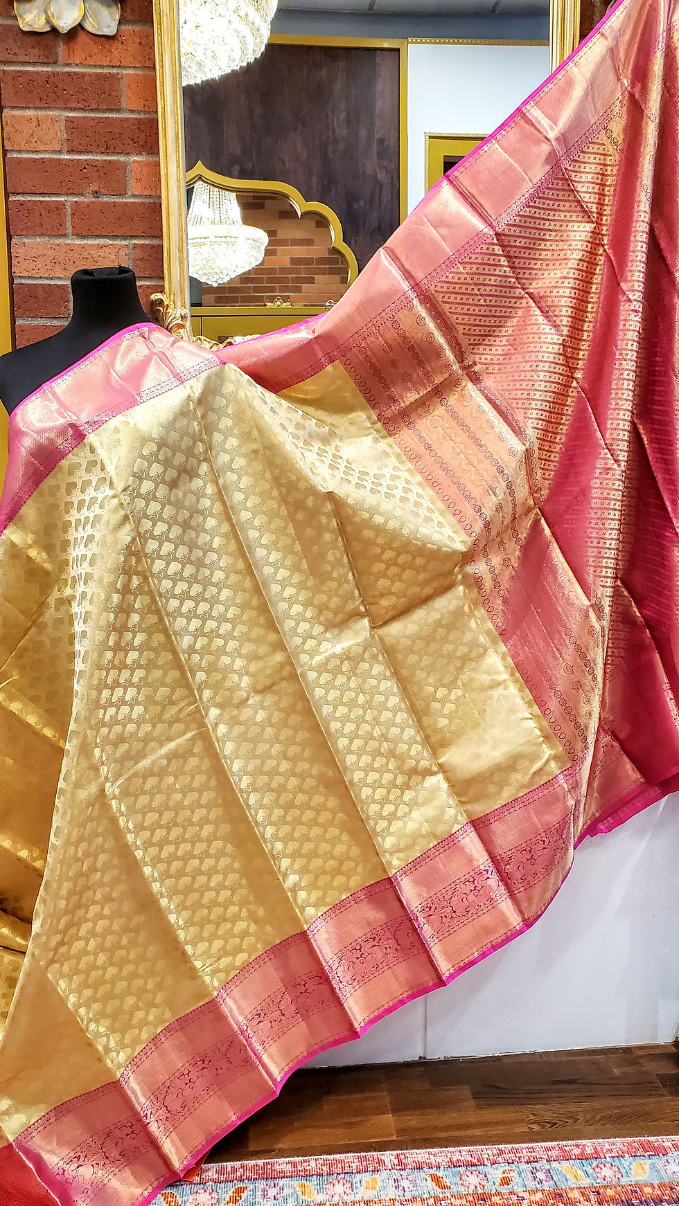 Thumbnail: Beautiful golden and pink Kanjivaram silk saree