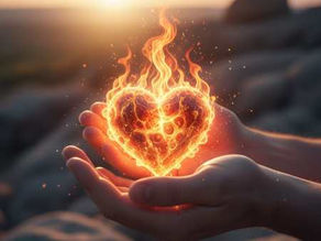 Hände halten ein leuchtendes, feuriges Herz, das für innere Kraft, Selbstliebe und die transformative Kraft der Neuroplastizität steht.