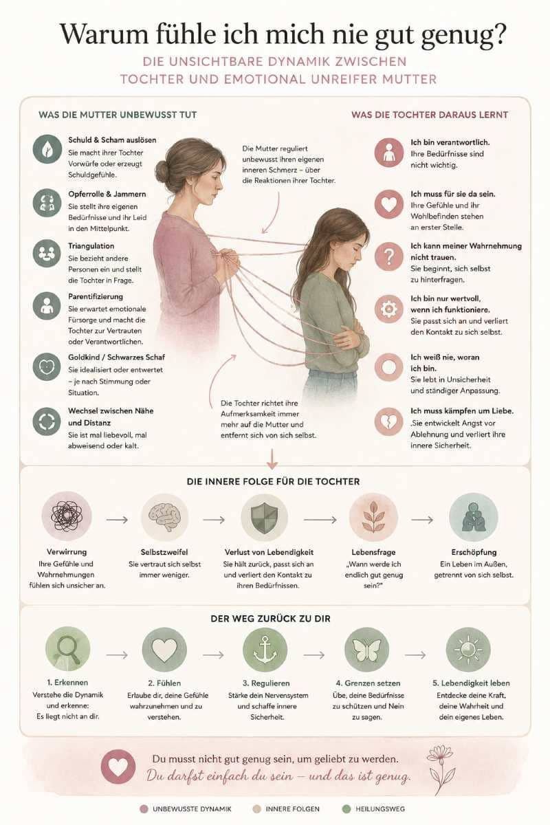 Infografik zur Dynamik zwischen einer emotional unreifen Mutter und den Auswirkungen auf ihre erwachsene Tochter.